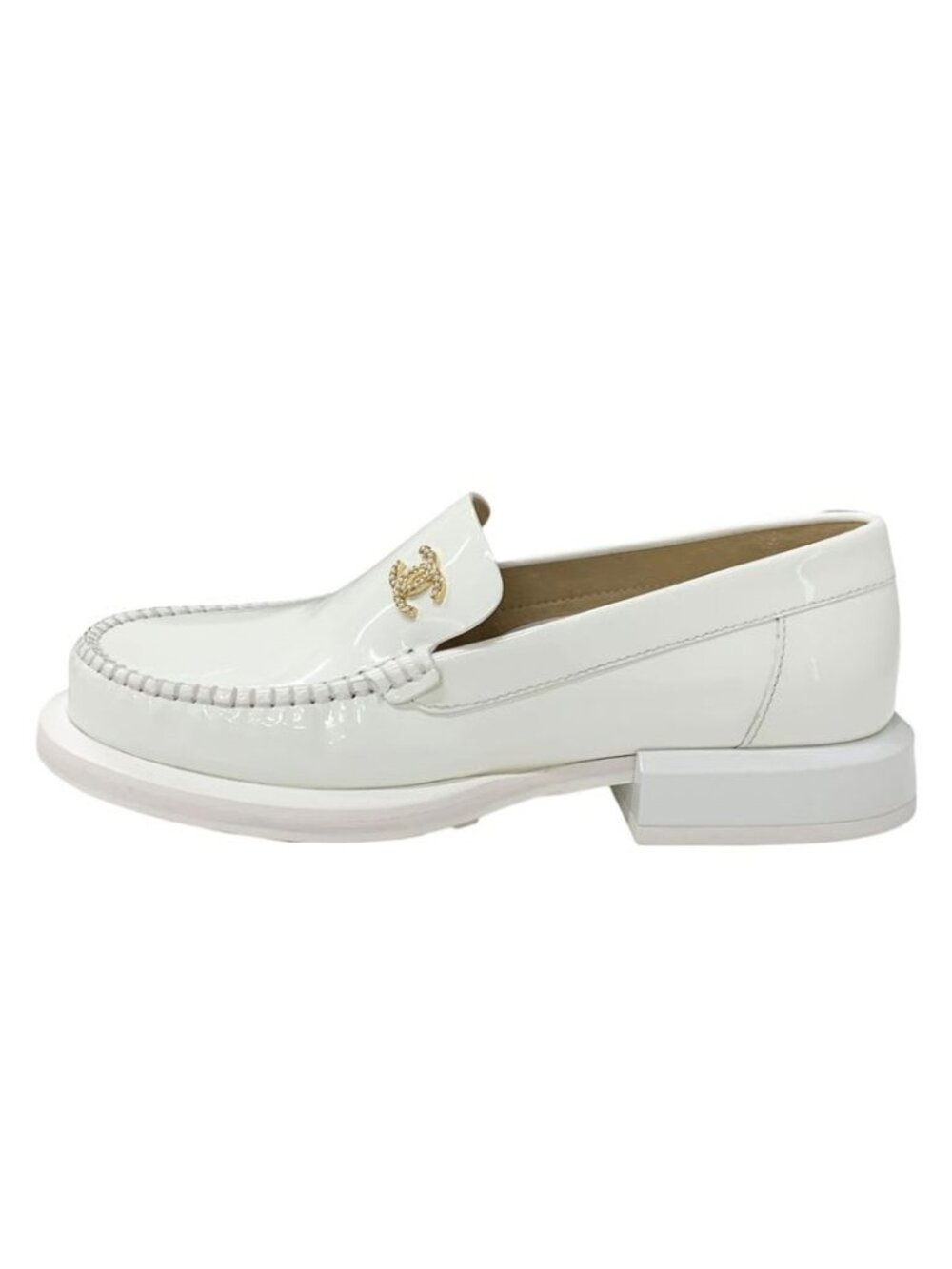 Chanel Loafers Leather Shoes Patent White Gold Coco Mark Pearl - Picture 3 of 10